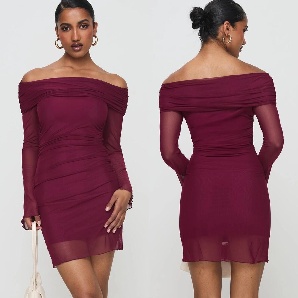Princess Polly Consideration Long Sleeve Mini Dress in Burgundy